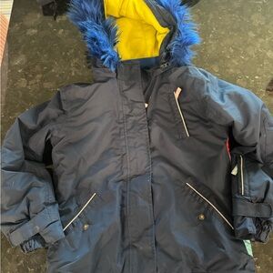 Boden Dark Blue Puffer Coat with Faux Fur Hood